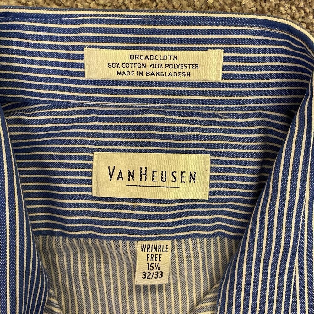 Van Heusen Men's Button Up Shirt Size 15.5 Blue White Striped Long Sleeves EUC - Picture 8 of 8
